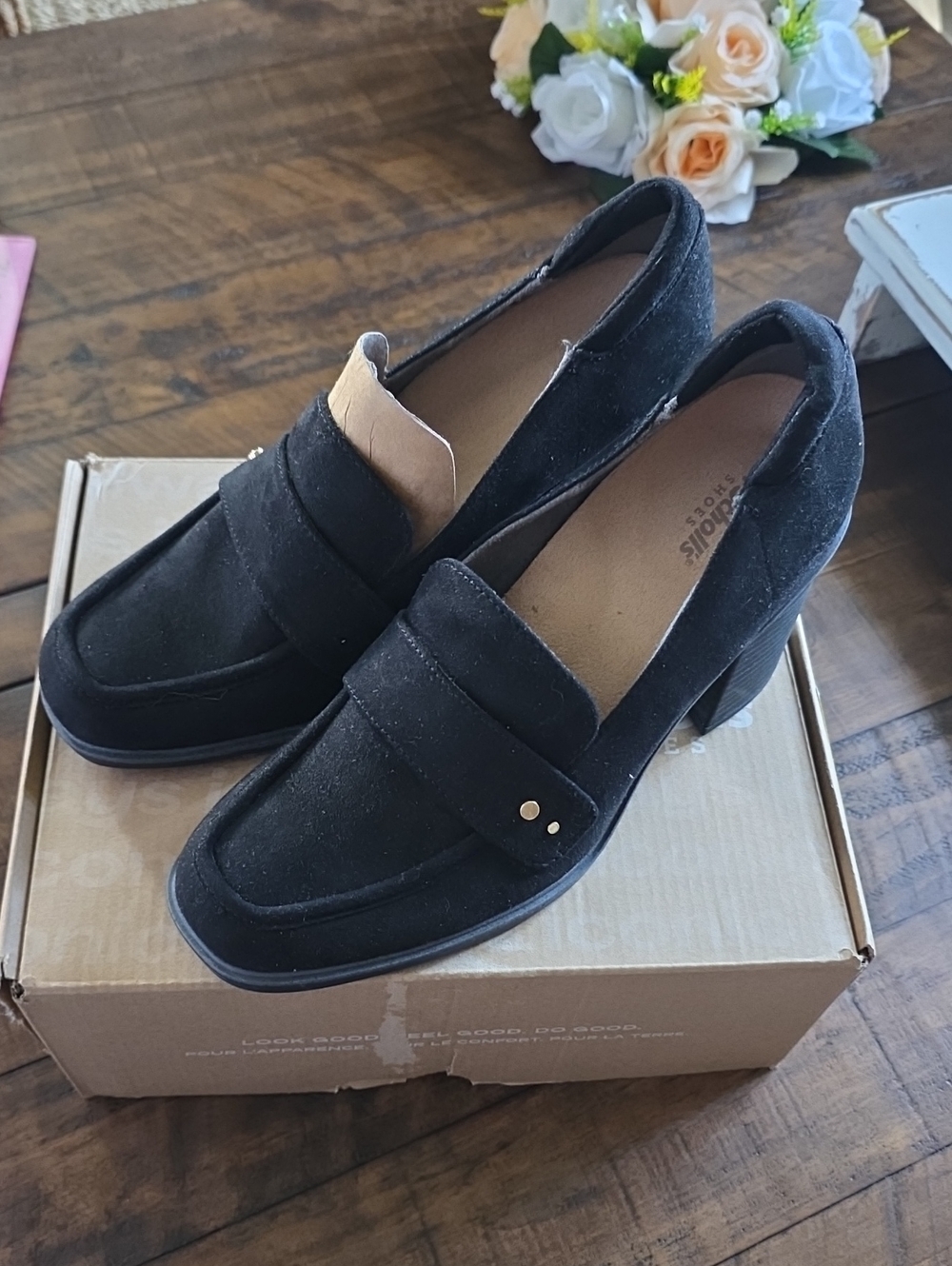 Dr. Scholl's Black Suede Block Heel Loafers with Gold Studs